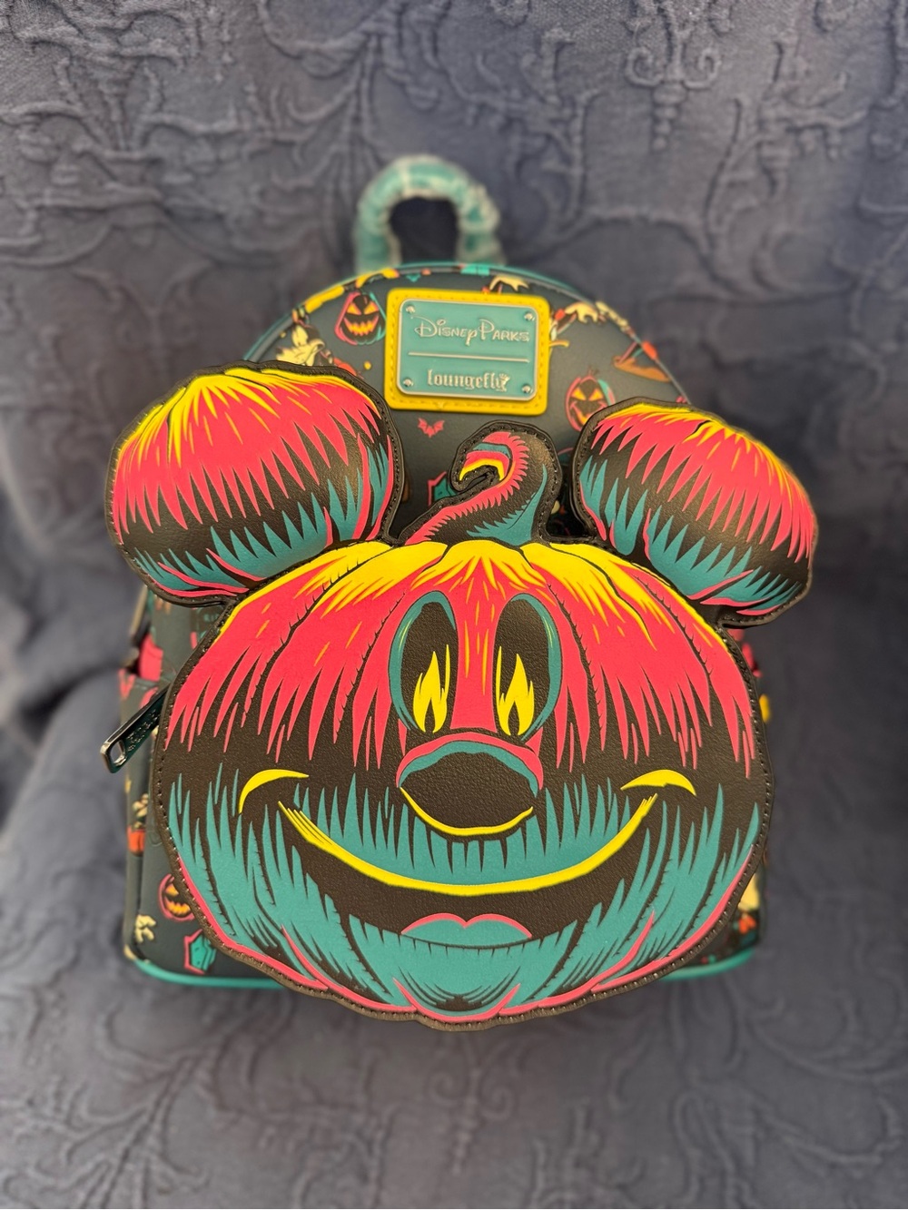Loungefly Neon Pumpkin Mickey Kids Mini Backpack - Teal, Hot Pink, Yellow, Black